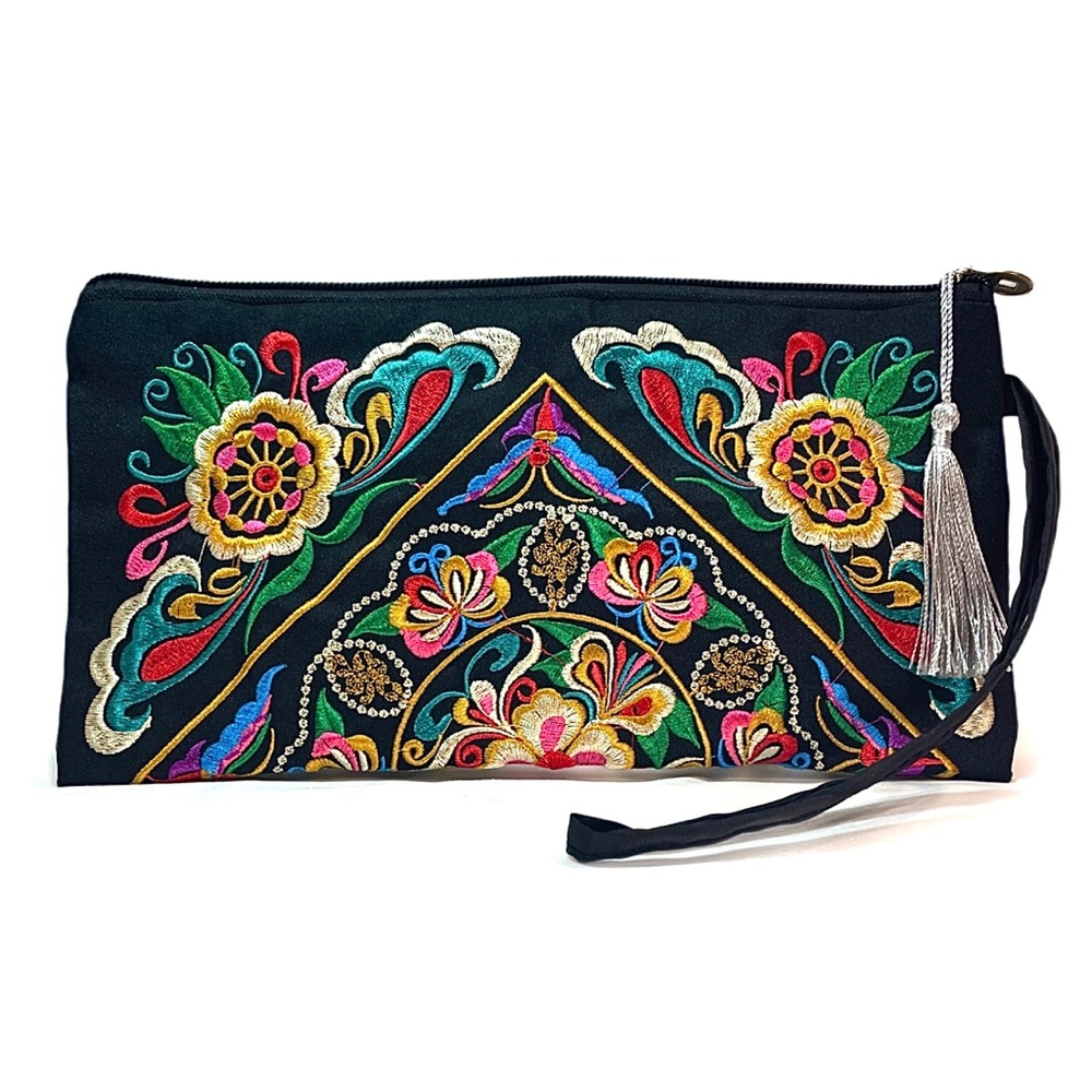 Boho Classic Vintage Style Floral Embroidery Zipped Clutch Multi Galsang Flower